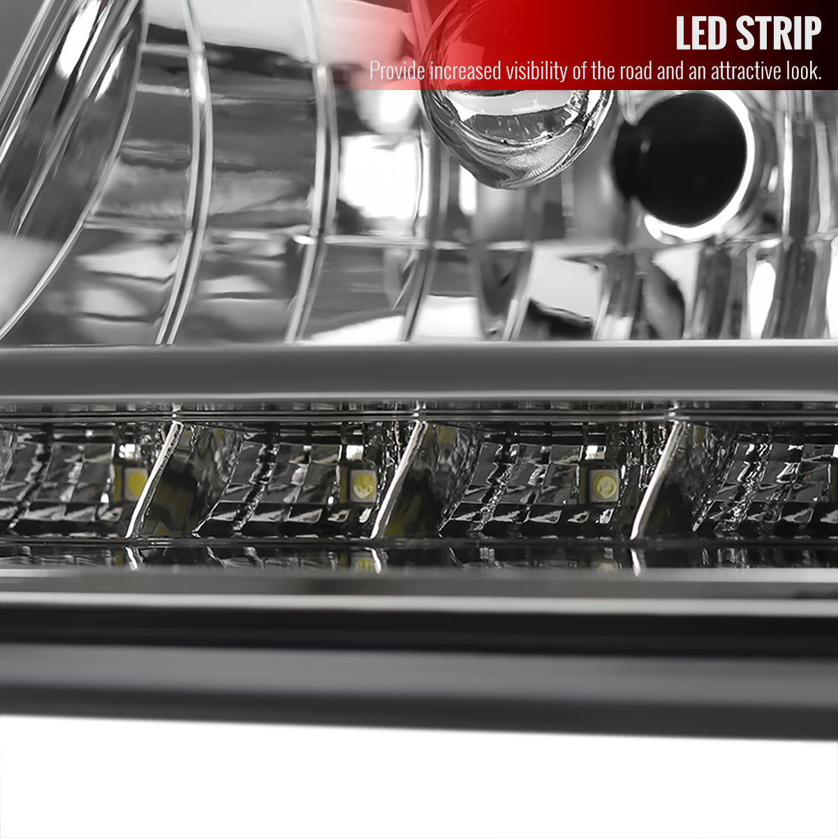 2000-2005 Chevrolet Impala Crystal Headlights w/ SMD LED Light Strip (Chrome Housing/Clear Lens)
