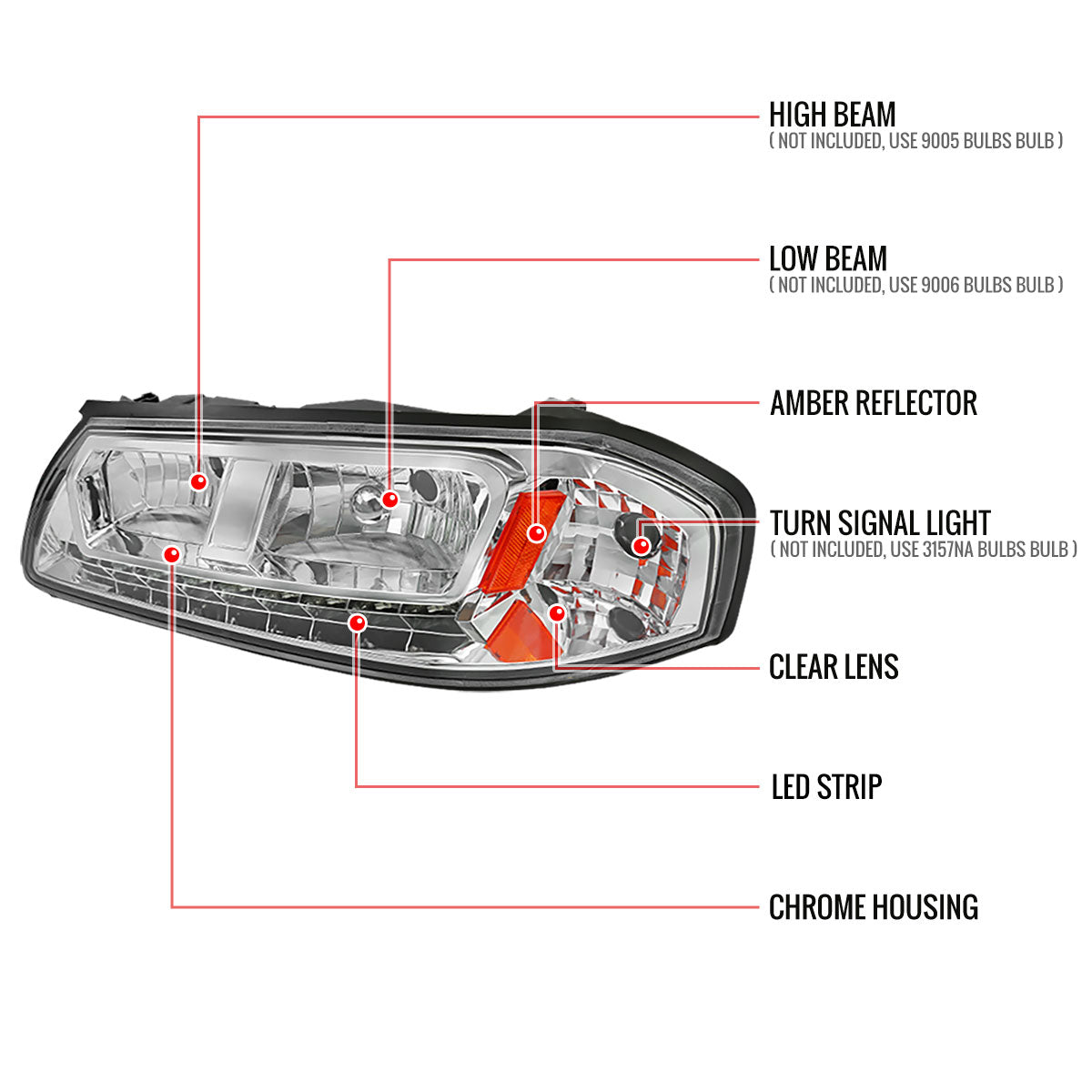 2000-2005 Chevrolet Impala Crystal Headlights w/ SMD LED Light Strip (Chrome Housing/Clear Lens)