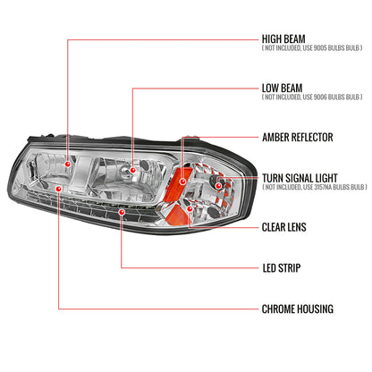 2000-2005 Chevrolet Impala Crystal Headlights w/ SMD LED Light Strip (Chrome Housing/Clear Lens)