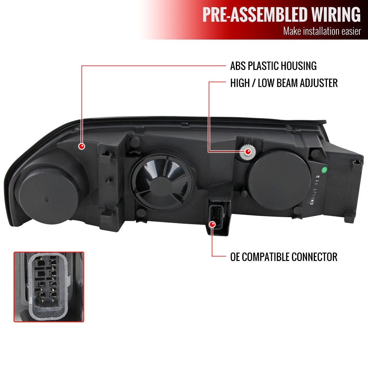 2000-2005 Chevrolet Impala Crystal Headlights w/ SMD LED Light Strip (Matte Black Housing/Clear Lens)