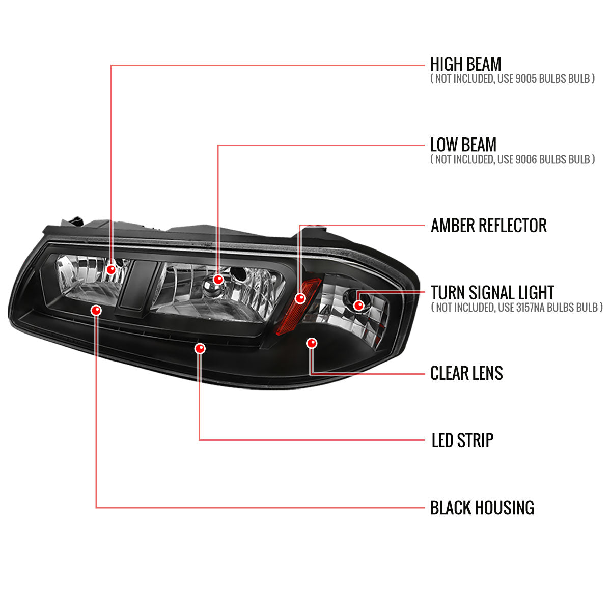 2000-2005 Chevrolet Impala Crystal Headlights w/ SMD LED Light Strip (Matte Black Housing/Clear Lens)