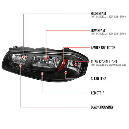 2000-2005 Chevrolet Impala Crystal Headlights w/ SMD LED Light Strip (Matte Black Housing/Clear Lens)