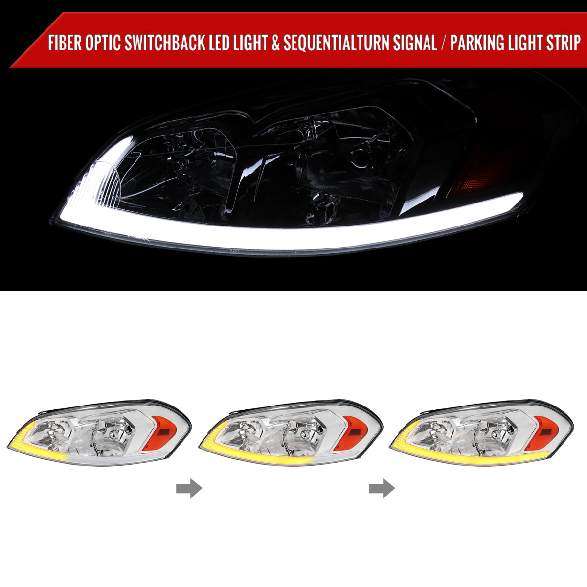 2006-2013 Chevrolet Impala/2014-2016 Impala Limited/2006-2007 Monte Carlo Switchback Sequential Signal LED Bar Factory Style Headlights (Chrome Housing/Clear Lens)