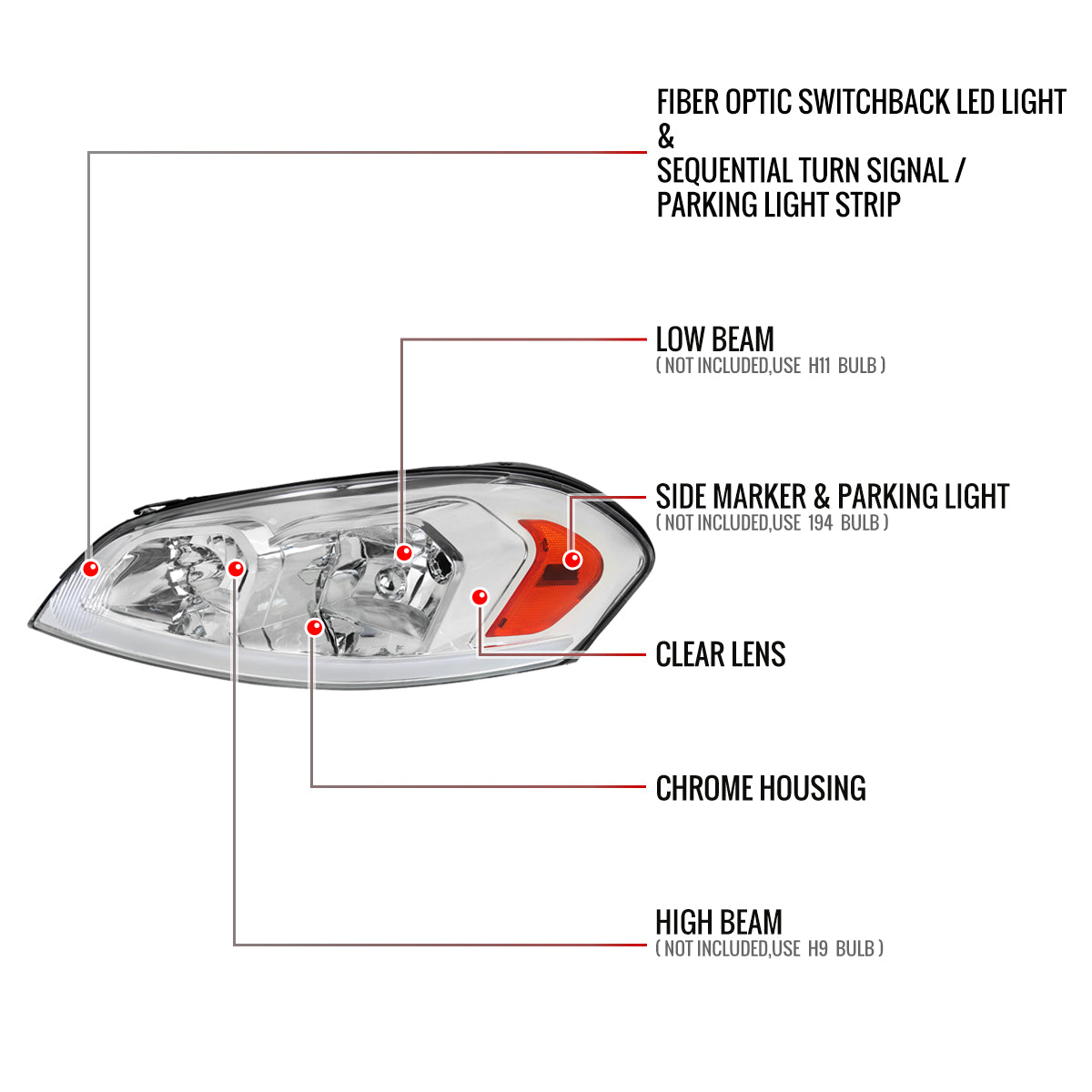 2006-2013 Chevrolet Impala/2014-2016 Impala Limited/2006-2007 Monte Carlo Switchback Sequential Signal LED Bar Factory Style Headlights (Chrome Housing/Clear Lens)