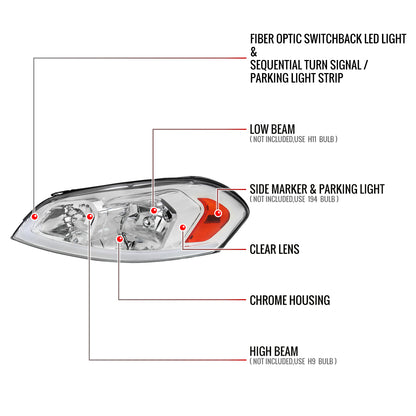 2006-2013 Chevrolet Impala/2014-2016 Impala Limited/2006-2007 Monte Carlo Switchback Sequential Signal LED Bar Factory Style Headlights (Chrome Housing/Clear Lens)