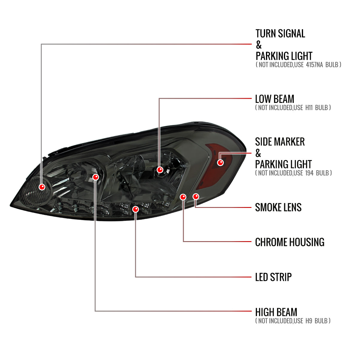 2006-2013 Chevrolet Impala / 2014-2015 Impala Limited / 2006-2007 Monte Carlo Factory Style Crystal Headlights w/ SMD LED Light Strip (Chrome Housing/Smoked Lens)