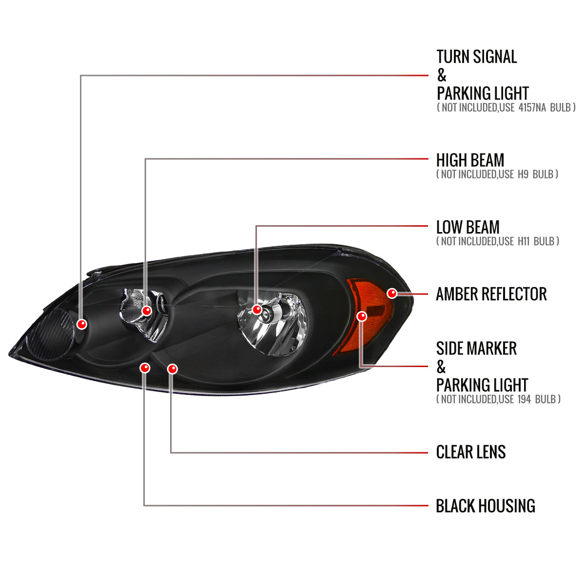 2006-2013 Chevrolet Impala / 2014-2016 Impala Limited / 2006-2007 Monte Carlo Factory Style Crystal Headlights w/ Amber Reflectors (Matte Black Housing/Clear Lens)