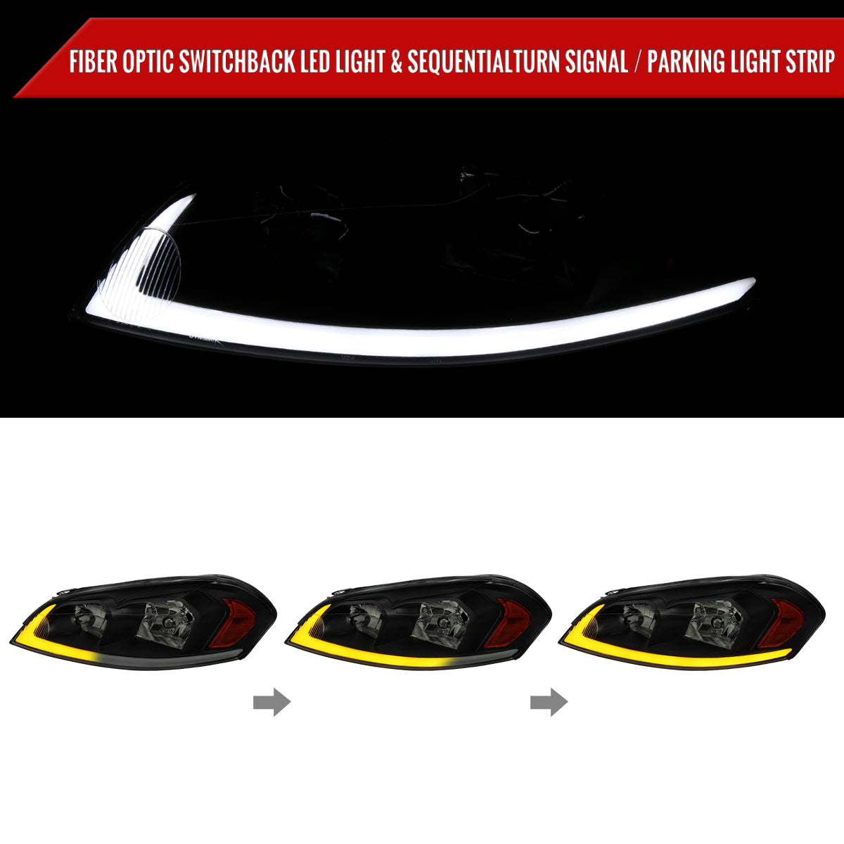 2006-2013 Chevrolet Impala/2014-2016 Impala Limited/2006-2007 Monte Carlo Switchback Sequential Signal LED Bar Factory Style Headlights (Matte Black Housing/Smoked Lens)