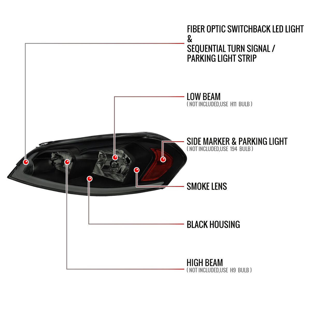 2006-2013 Chevrolet Impala/2014-2016 Impala Limited/2006-2007 Monte Carlo Switchback Sequential Signal LED Bar Factory Style Headlights (Matte Black Housing/Smoked Lens)