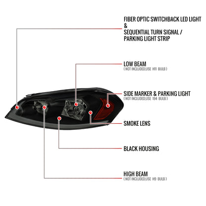 2006-2013 Chevrolet Impala/2014-2016 Impala Limited/2006-2007 Monte Carlo Switchback Sequential Signal LED Bar Factory Style Headlights (Matte Black Housing/Smoked Lens)