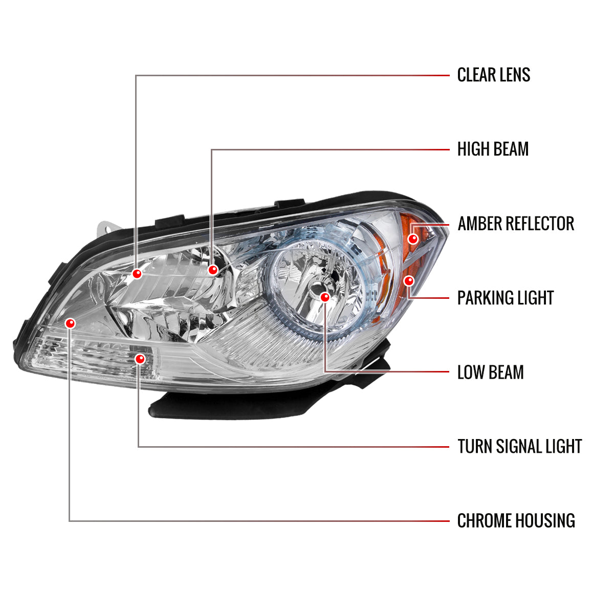 2008-2012 Chevrolet Malibu LS/LT/LTZ/Hybrid Crystal Headlights w/ Amber Reflectors (Chrome Housing/Clear Lens)