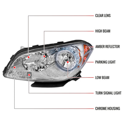 2008-2012 Chevrolet Malibu LS/LT/LTZ/Hybrid Crystal Headlights w/ Amber Reflectors (Chrome Housing/Clear Lens)