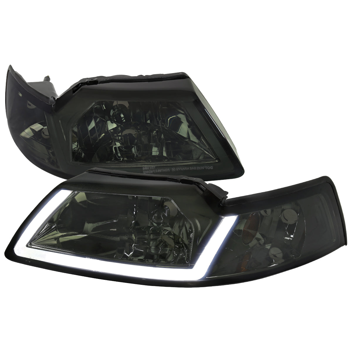 1999-2004 Ford Mustang LED Bar Factory Style Headlights with Amber Reflector (Chrome Housing/Smoked Lens)