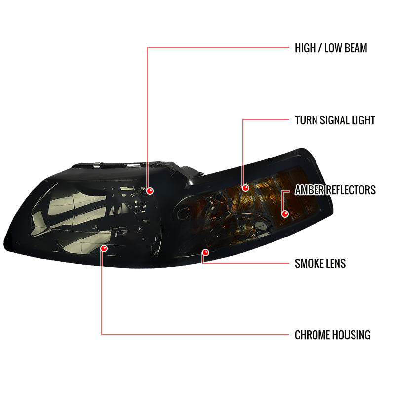 1999-2004 Ford Mustang Factory Style Headlights w/ Amber Reflectors (Chrome Housing/Smoked Lens)