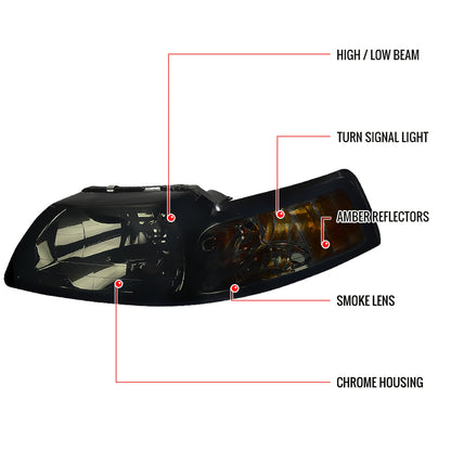 1999-2004 Ford Mustang Factory Style Headlights w/ Amber Reflectors (Chrome Housing/Smoked Lens)