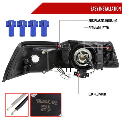1999-2004 Ford Mustang LED Bar Factory Style Headlights with Amber Reflector (Matte Black Housing/Clear Lens)