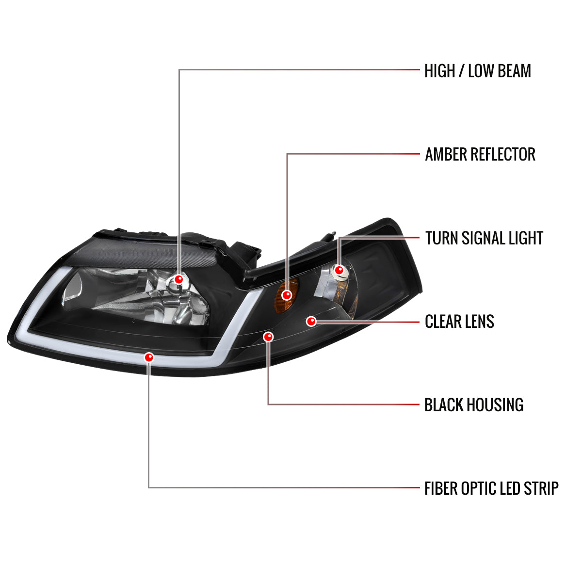 1999-2004 Ford Mustang LED Bar Factory Style Headlights with Amber Reflector (Matte Black Housing/Clear Lens)