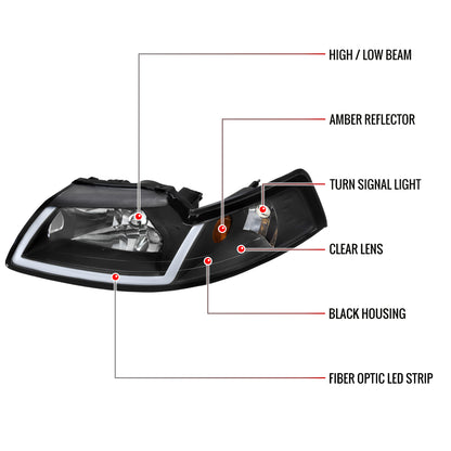 1999-2004 Ford Mustang LED Bar Factory Style Headlights with Amber Reflector (Matte Black Housing/Clear Lens)