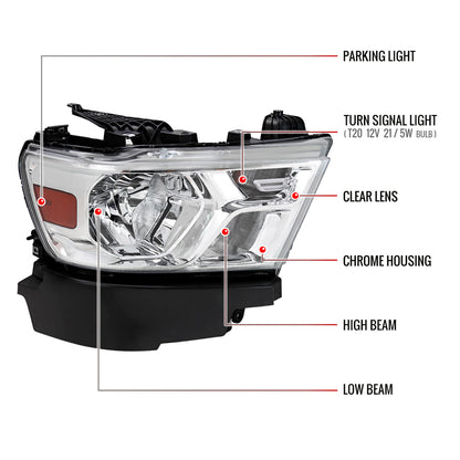 2019-2024 Dodge Ram 1500 Factory Style Crystal Headlight - Passenger Side Only (Chrome Housing / Clear Lens)