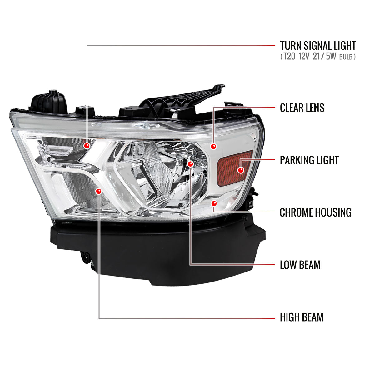 2019-2024 Dodge RAM 1500 Factory Style Headlights with Amber Reflectors (Chrome Housing/Clear Lens)
