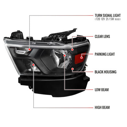 2019-2024 Dodge Ram 1500 Factory Style Crystal Headlight - Driver Side Only (Black Housing / Clear Lens)