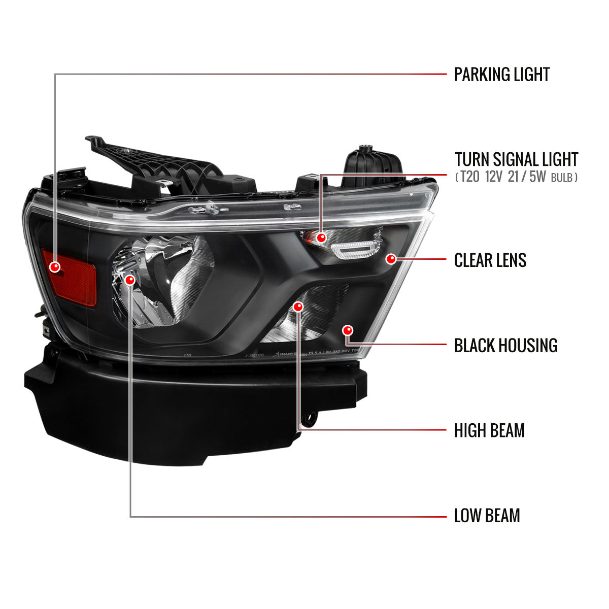 2019-2024 Dodge Ram 1500 Factory Style Crystal Headlight - Passenger Side Only (Black Housing / Clear Lens)