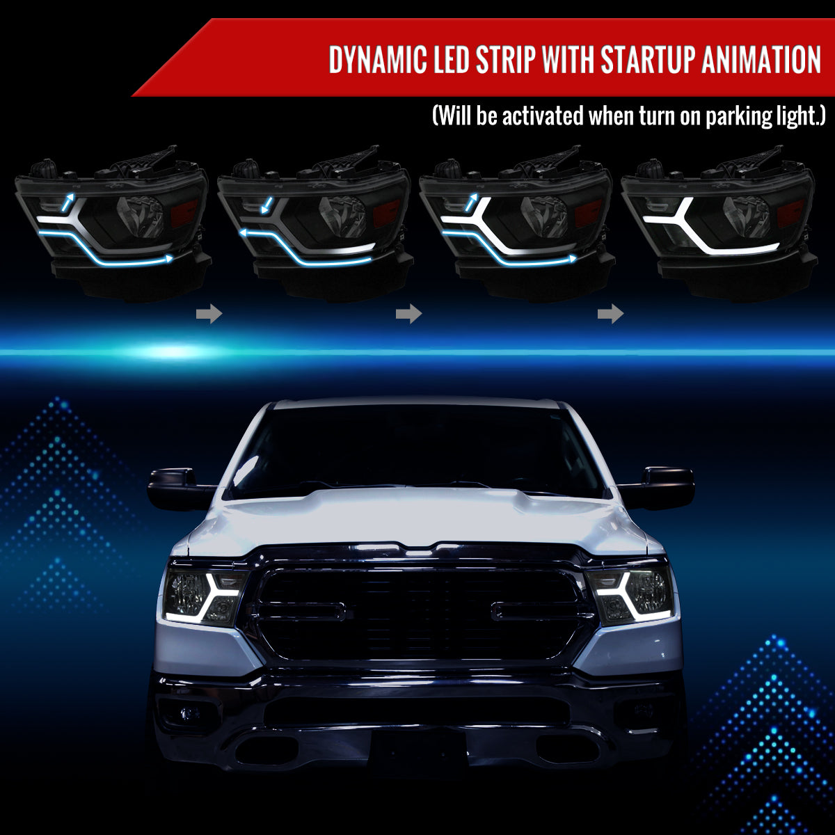 2019-2024 Dodge RAM 1500 Animated LED Bar Factory Style Headlights (Matte Black Housing/Smoked Lens)