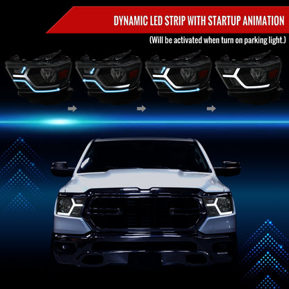 2019-2024 Dodge RAM 1500 Animated LED Bar Factory Style Headlights (Matte Black Housing/Smoked Lens)
