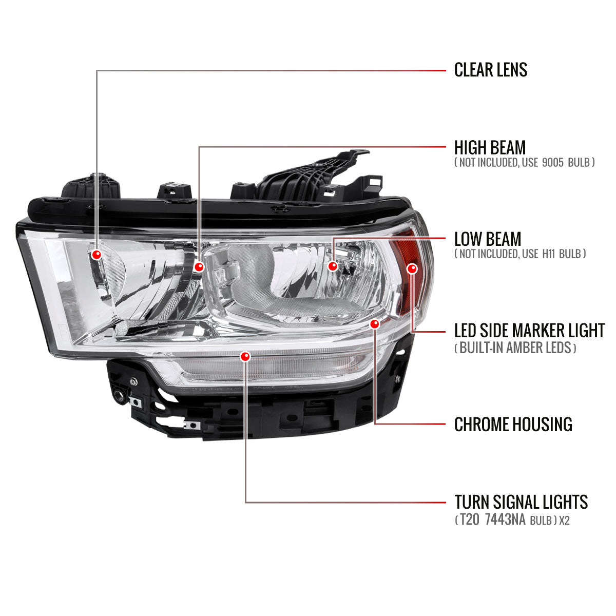 2019-2024 Dodge Ram 2500 3500 Factory Style Crystal Headlight - Driver Side Only (Chrome Housing / Clear Lens)