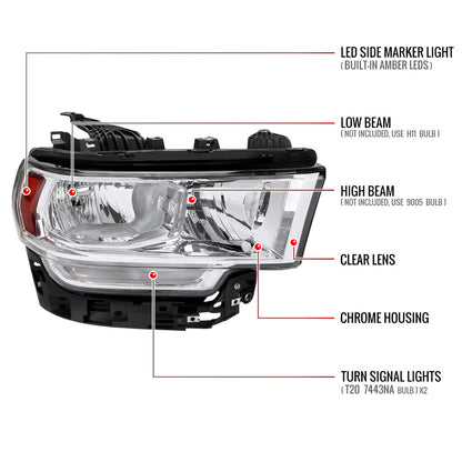 2019-2024 Dodge Ram 2500 3500 Factory Style Crystal Headlight - Passenger Side Only (Chrome Housing / Clear Lens)