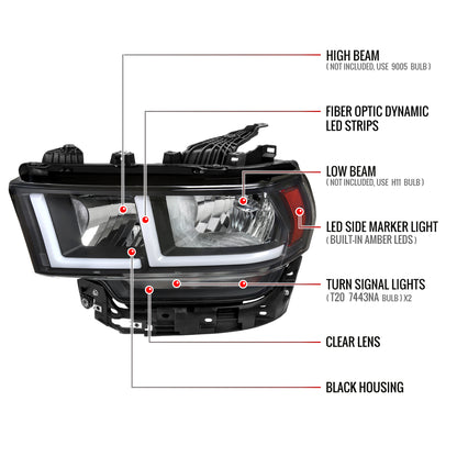 2019-2024 Dodge RAM 2500/3500/4500/5500 LED Bar Factory Style Headlights (Matte Black Housing/Clear Lens)