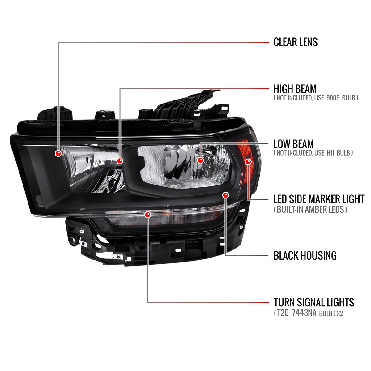 2019-2024 Dodge Ram 2500 3500 Factory Style Crystal Headlight - Driver Side Only (Black Housing / Clear Lens)
