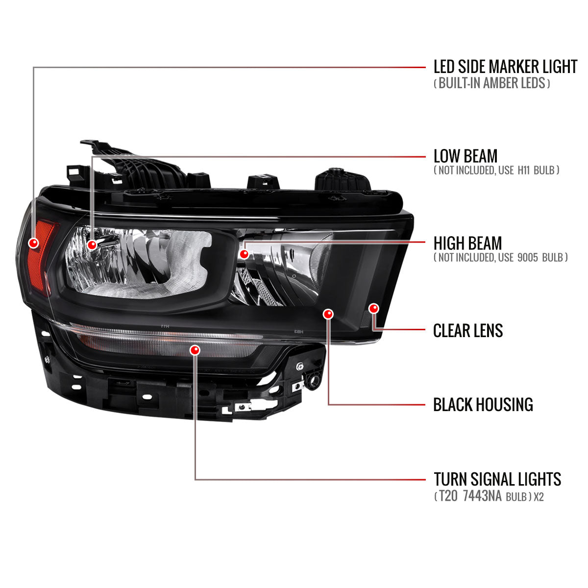 2019-2024 Dodge Ram 2500 3500 Factory Style Crystal Headlight - Passenger Side Only (Black Housing / Clear Lens)