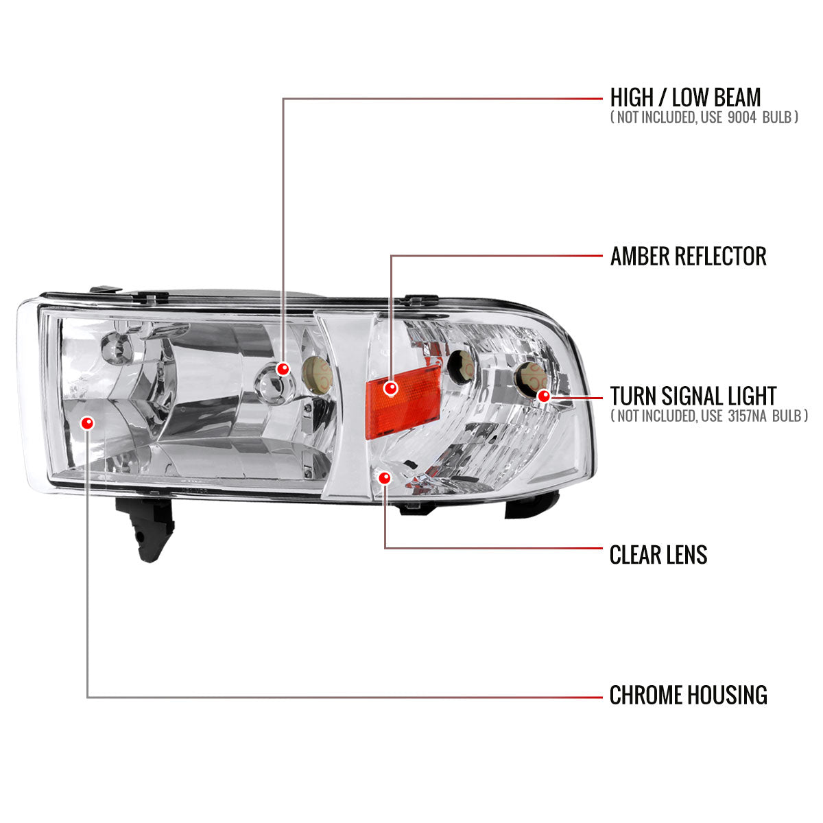1994-2001 Dodge RAM 1500/ 1994-2002 RAM 2500 3500 Factory Style Headlights (Chrome Housing/Clear Lens)