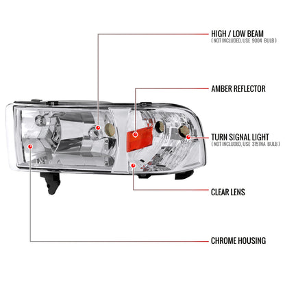 1994-2001 Dodge RAM 1500/ 1994-2002 RAM 2500 3500 Factory Style Headlights (Chrome Housing/Clear Lens)