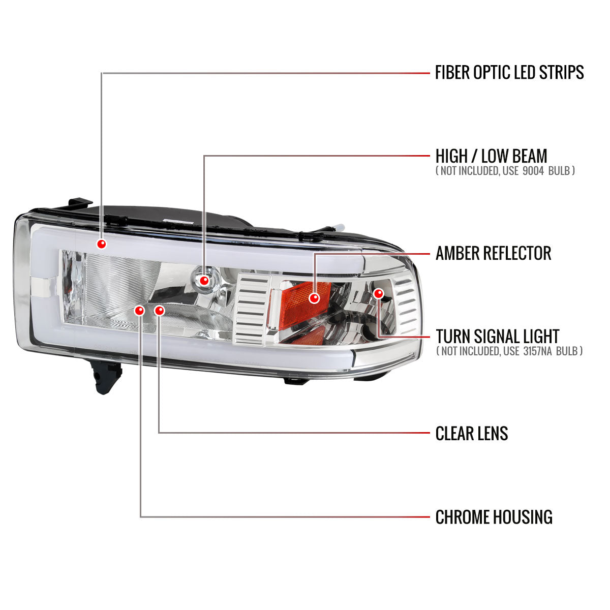 1994-2001 Dodge RAM 1500/ 1994-2002 RAM 2500/3500 Dual LED Bar Factory Style Headlights (Chrome Housing/Clear Lens)