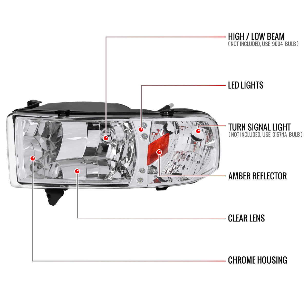 1994-2001 Dodge RAM 1500/ 1994-2002 Dodge RAM 2500 3500 Crystal Headlights (Chrome Housing/Clear Lens)