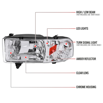 1994-2001 Dodge RAM 1500/ 1994-2002 Dodge RAM 2500 3500 Crystal Headlights (Chrome Housing/Clear Lens)