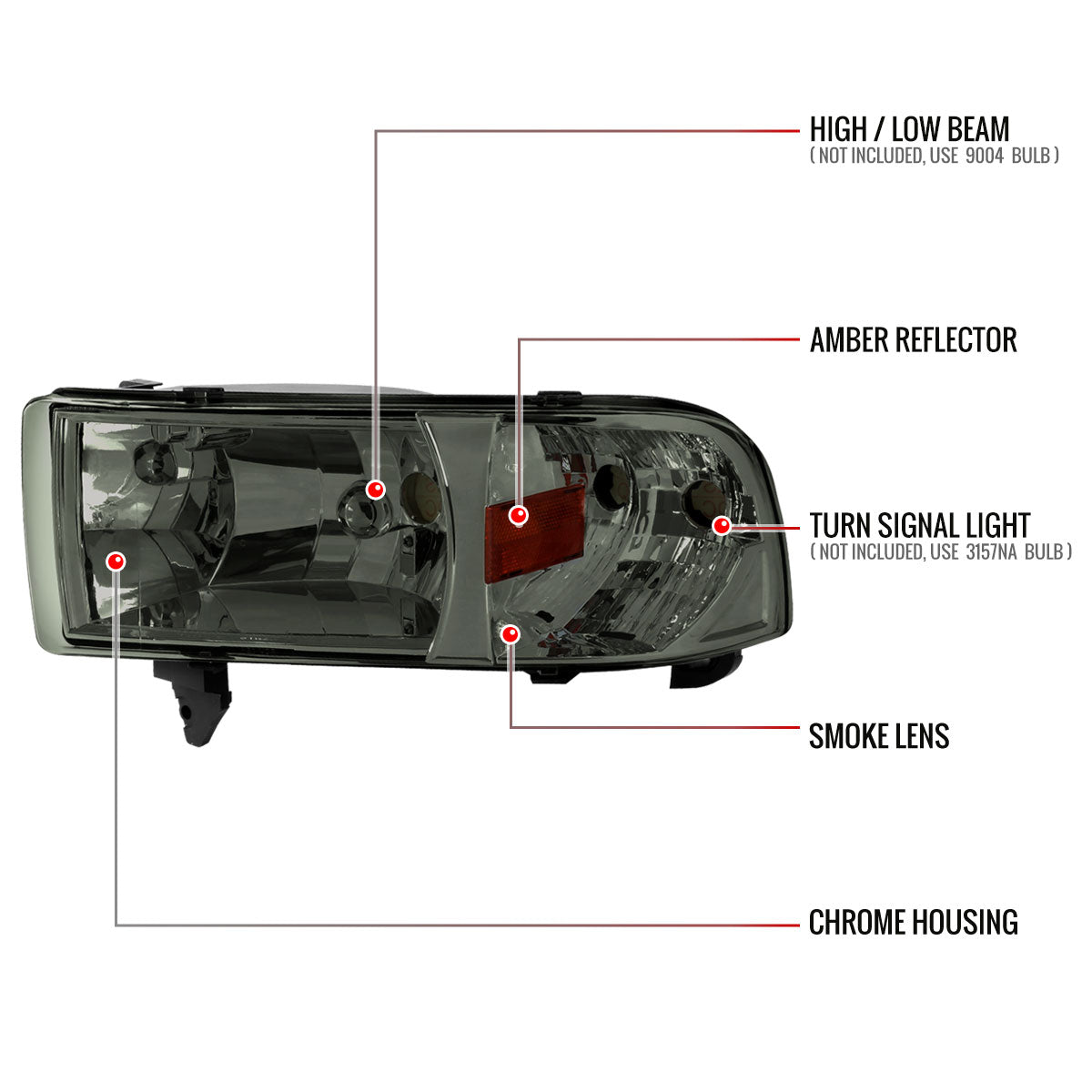 1994-2001 Dodge RAM 1500/ 1994-2002 RAM 2500 3500 Factory Style Headlights (Chrome Housing/Smoked Lens)