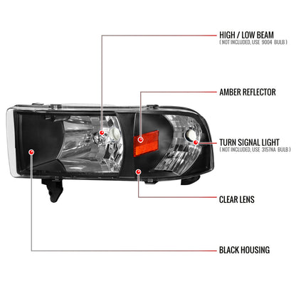 1994-2001 Dodge RAM 1500/ 1994-2002 RAM 2500 3500 Factory Style Headlights (Matte Black Housing/Clear Lens)