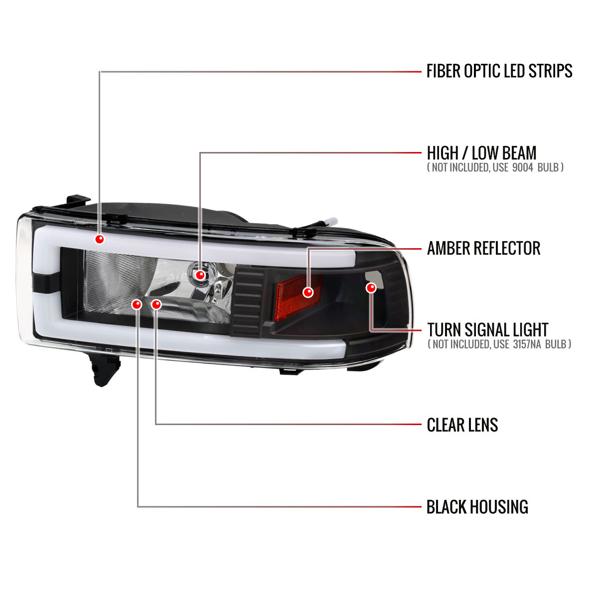 1994-2001 Dodge RAM 1500/ 1994-2002 RAM 2500/3500 Dual LED Bar Factory Style Headlights (Matte Black Housing/Clear Lens)