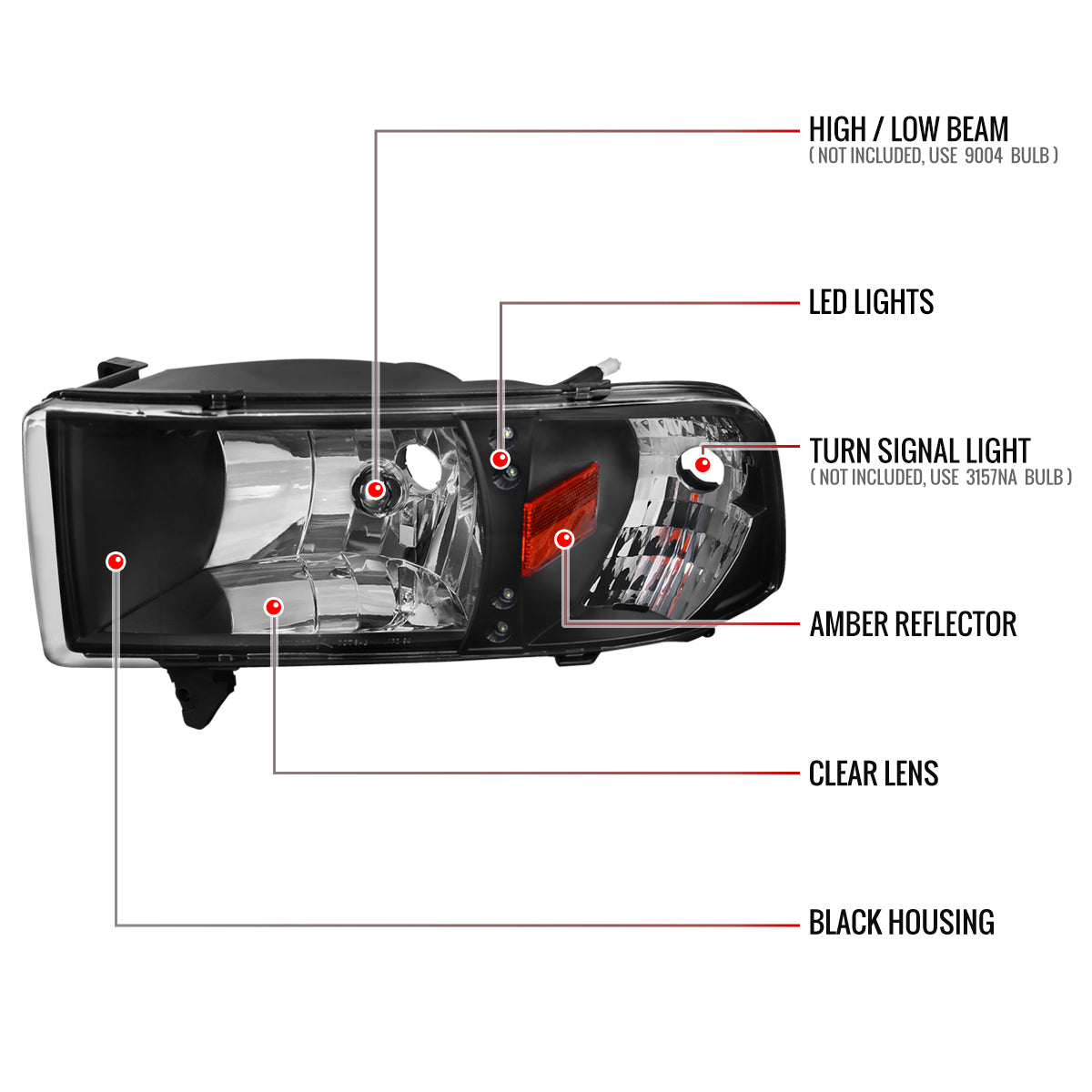 1994-2001 Dodge RAM 1500/ 1994-2002 Dodge RAM 2500 3500 Crystal Headlights (Matte Black Housing/Clear Lens)