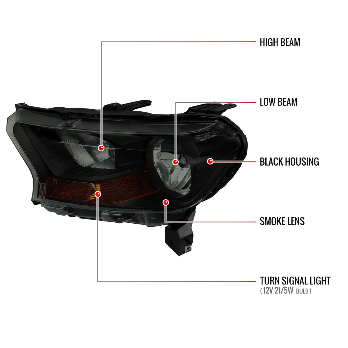2019-2022 Ford Ranger XL/XLT Factory Style Halogen Headlights (Glossy Black Housing/Smoked Lens)
