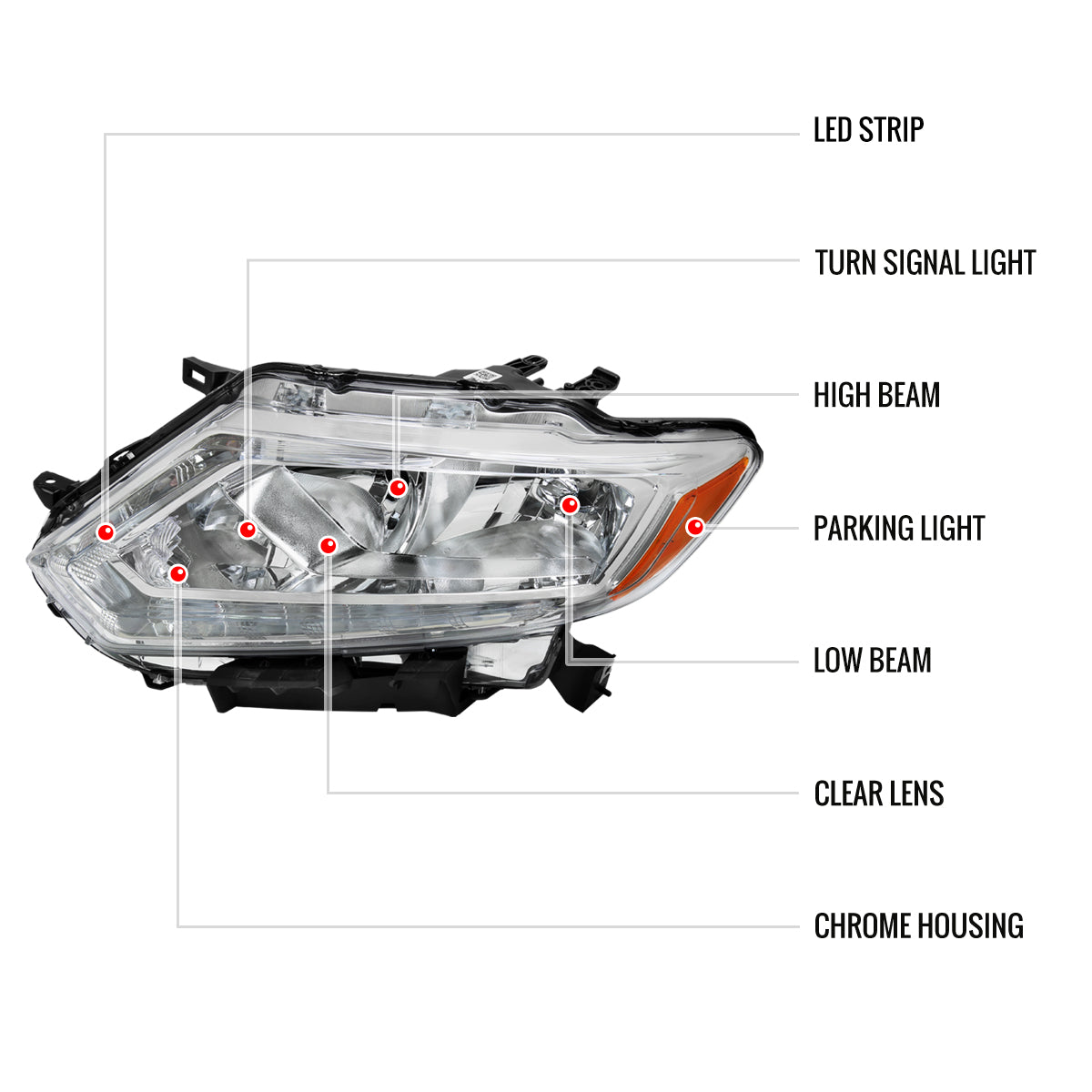 2014-2016 Nissan Rogue LED Strip Factory Style Headlights (Chrome Housing/Clear Lens)