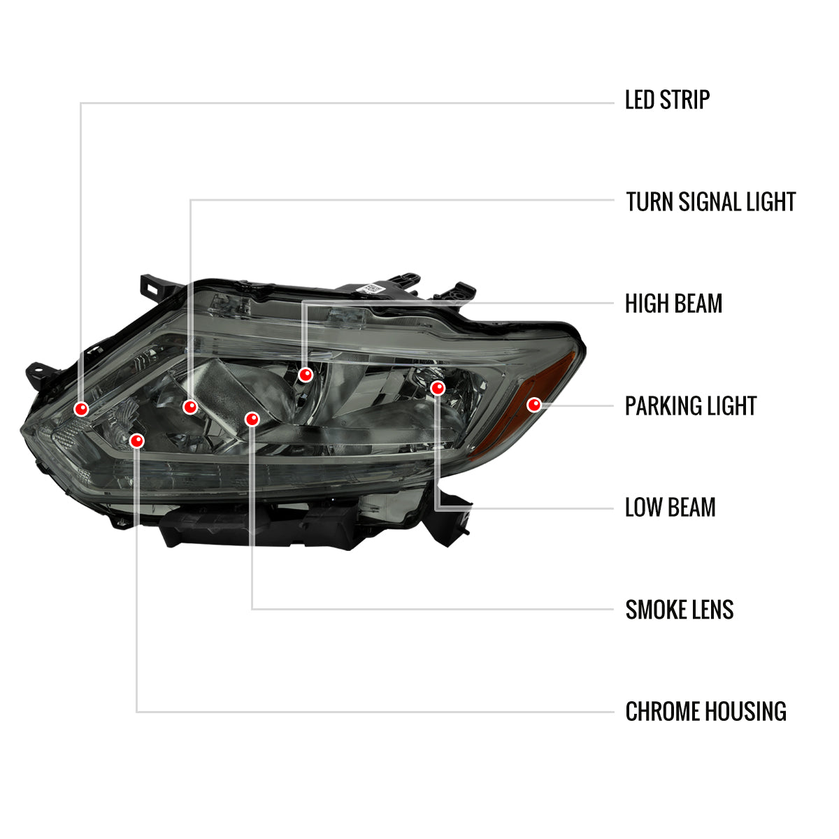2014-2016 Nissan Rogue LED Strip Factory Style Headlights (Chrome Housing/Smoked Lens)