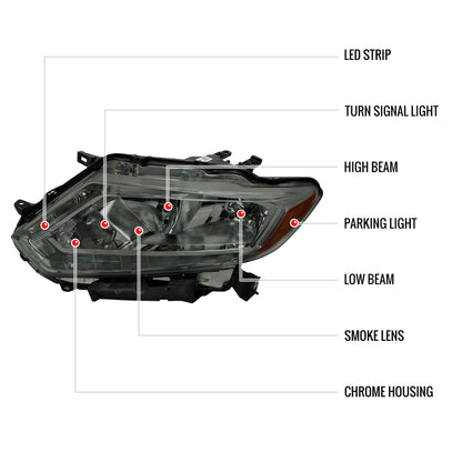 2014-2016 Nissan Rogue LED Strip Factory Style Headlights (Chrome Housing/Smoked Lens)
