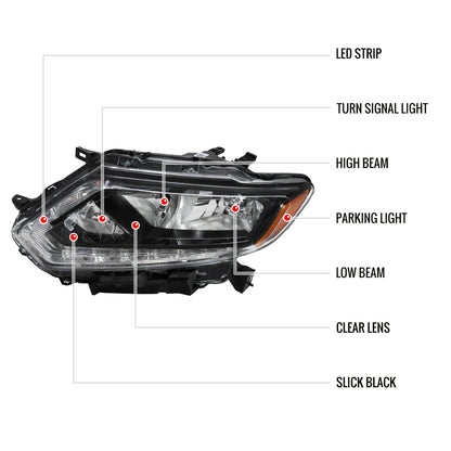 2014-2016 Nissan Rogue LED Strip Factory Style Driver/Left Side Headlight (Matte Black Housing/Clear Lens)
