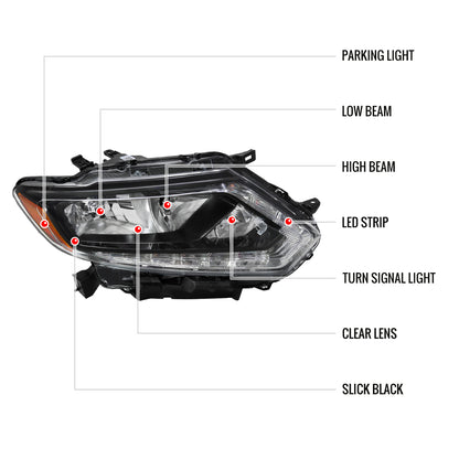 2014-2016 Nissan Rogue LED Strip Factory Style Passenger/Right Side Headlight (Matte Black Housing/Clear Lens)