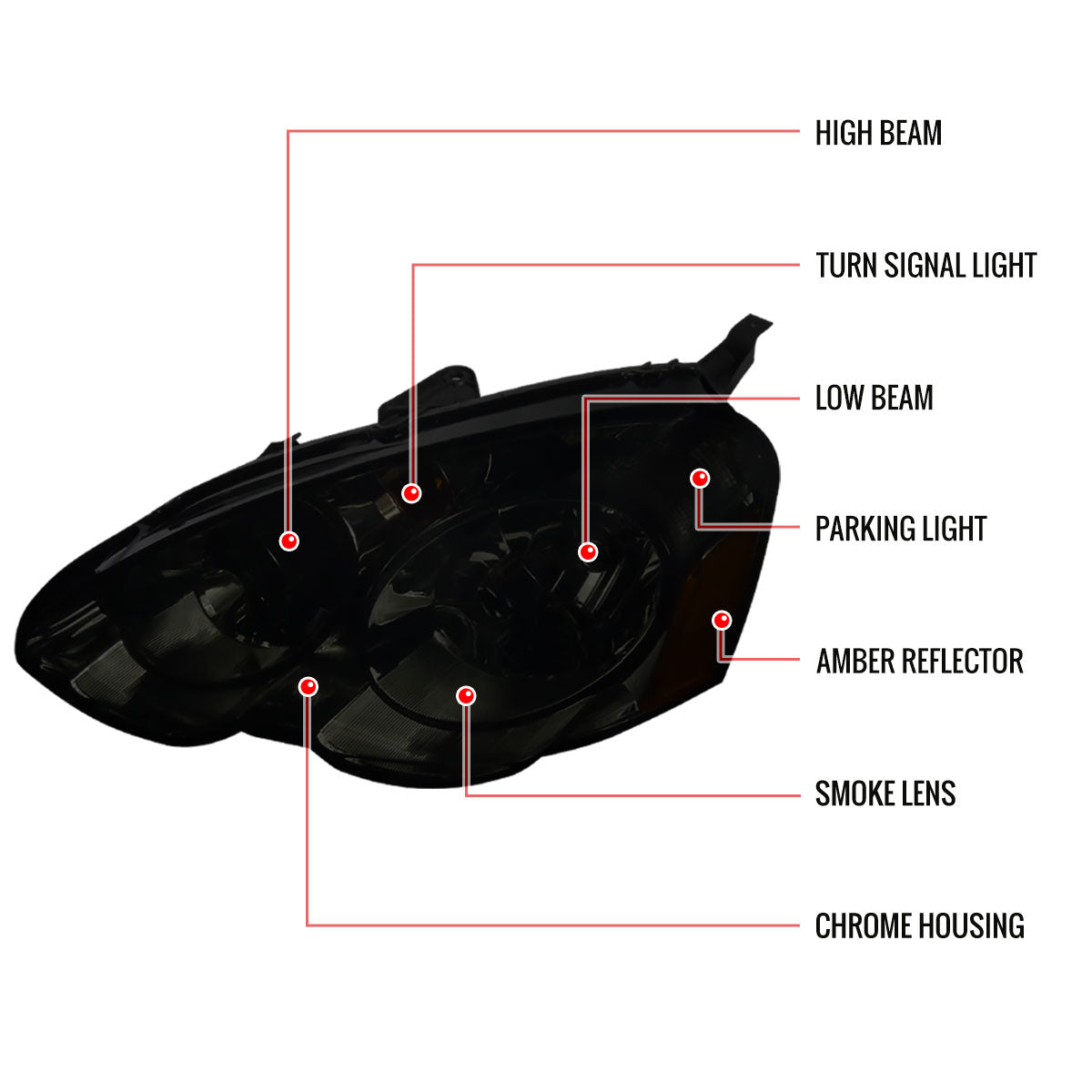 2002-2004 Acura RSX Factory Style Headlights w/ Amber Reflectors (Chrome Housing/Smoked Lens)