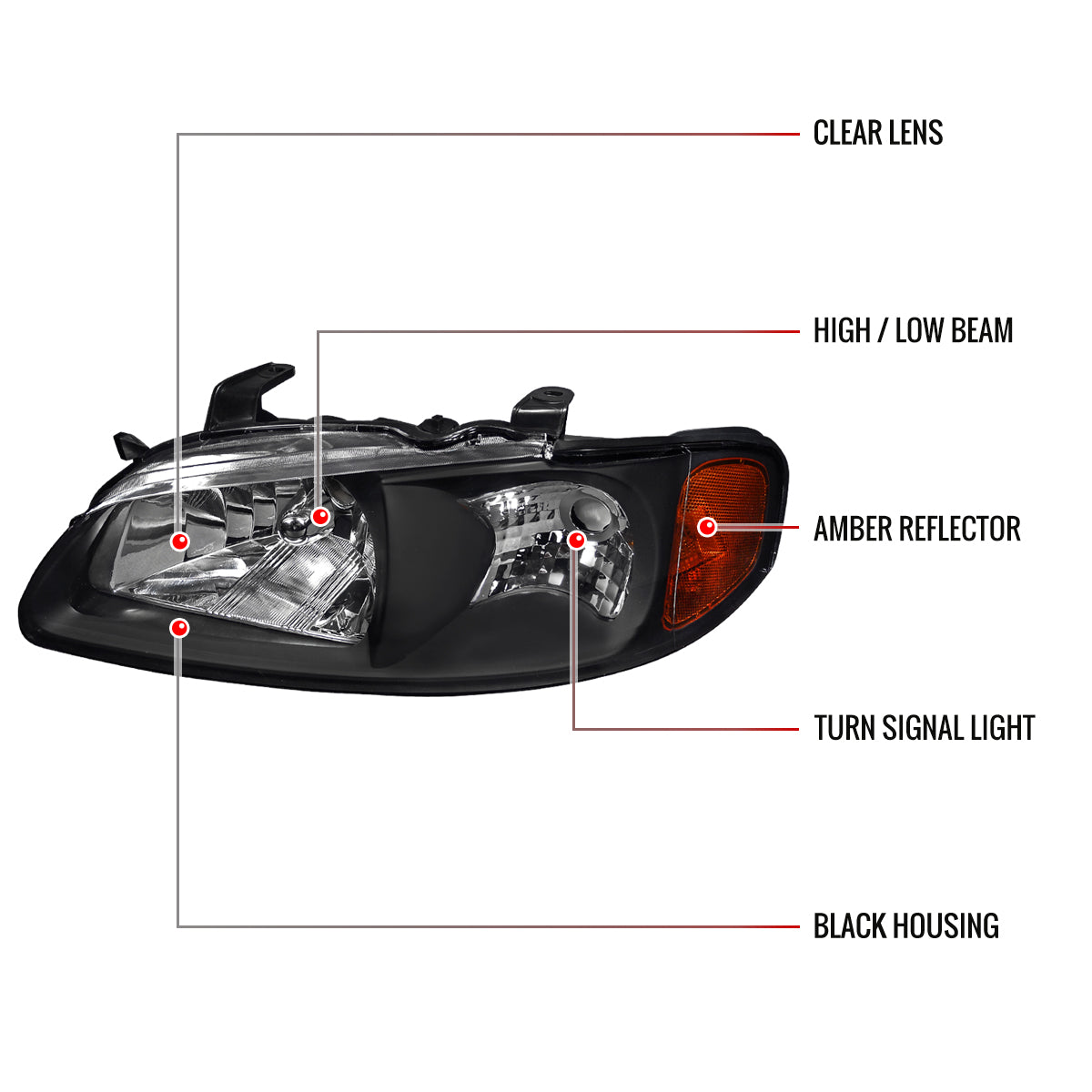 2000-2003 Nissan Sentra Factory Style Crystal Headlights (Matte Black Housing/Clear Lens)